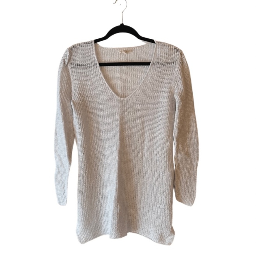 Eileen Fisher White Linen Open Knit V-Neck Sweater Medium
